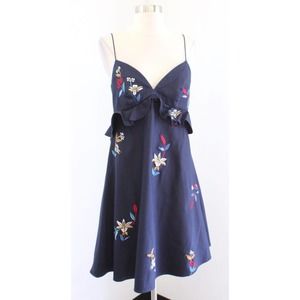 Sachin and Babi Navy Blue Floral Embroidered Ruffle Open Back A Line Dress Sz 6